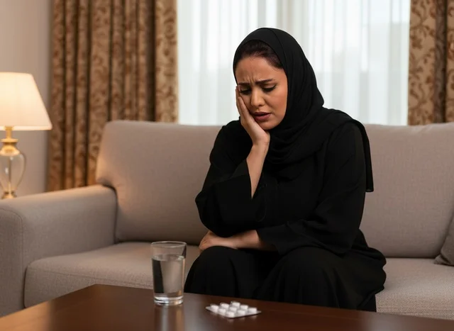 امرأة سعودية تعاني من ألم الأسنان وتتناول الدواء