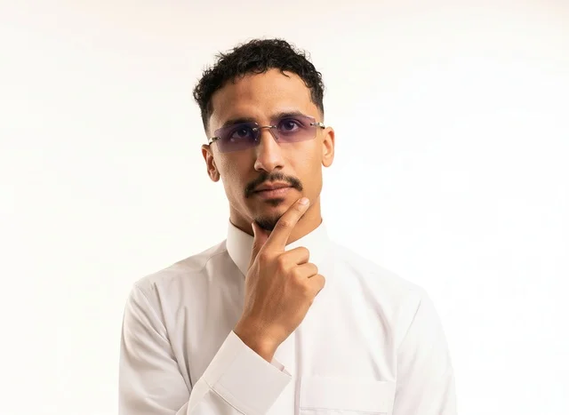 A Saudi young man in traditional attire in a thinking position.