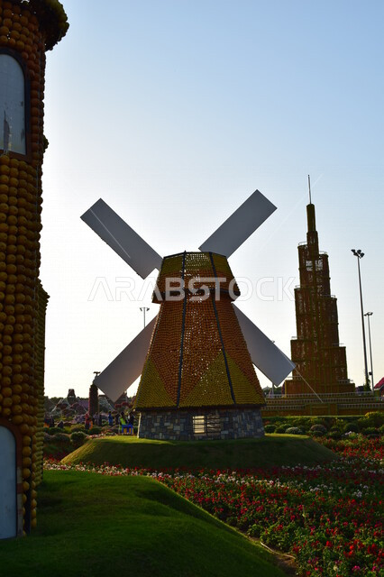 نموذج لطاحونة هوائية مصنوعة من الورود في الحديقة المعجزة بدبي في الإمارات العربية المتحدة، مناظر خلابة، معالم دبي المشهورة، طاحونة هوائية، الحديقة المعجزة، السياحة في الإمارات