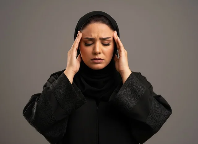 امرأة سعودية بالعباءة تعاني من الصداع والألم