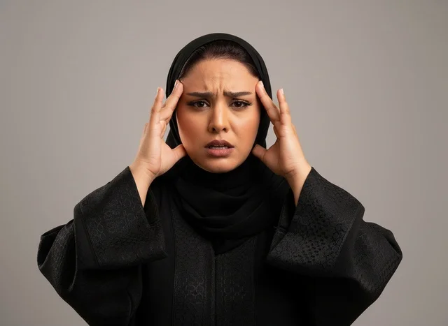 امرأة سعودية بالعباءة تعاني من الصداع والألم