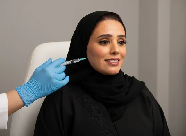 امرأة سعودية تتلقى حقنة تجميلية للوجه في عيادة
