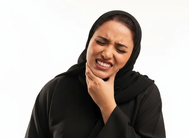 امرأة سعودية بالعباءة تعاني من ألم في الفك