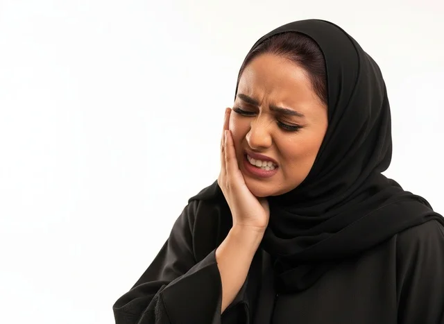 امرأة عربية بالعباءة والحجاب تعاني من ألم شديد في الأسنان