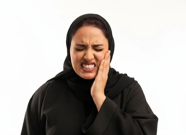 Saudi Woman in Black Abaya with Toothache Pain