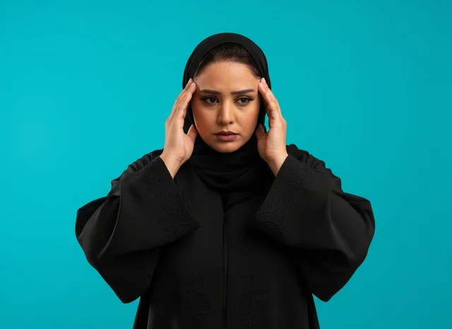امرأة إماراتية بالعباءة تعاني من صداع الرأس