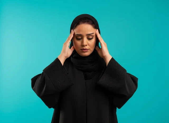امرأة إماراتية بالعباءة تعاني من ألم الصداع امرأة إماراتية بالعباءة تعاني من ألم الصداع