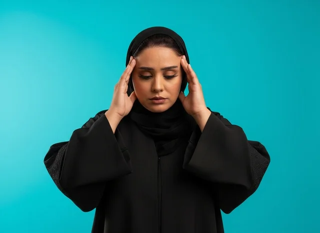 امرأة إماراتية بالعباءة تعاني من صداع وألم