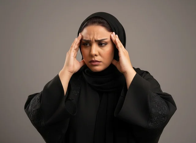 Arab Woman in Black Abaya Suffering from Headache