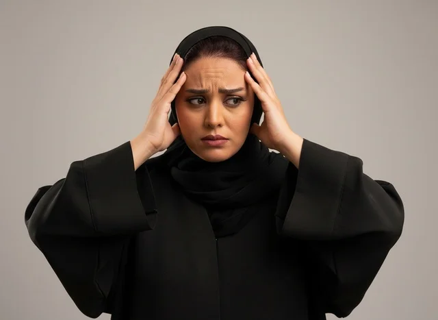 Stressed Saudi Woman in Black Abaya Suffering Headache