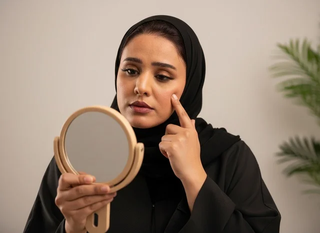 امرأة إماراتية بالعباءة تنظر في المرآة للعناية بالبشرة