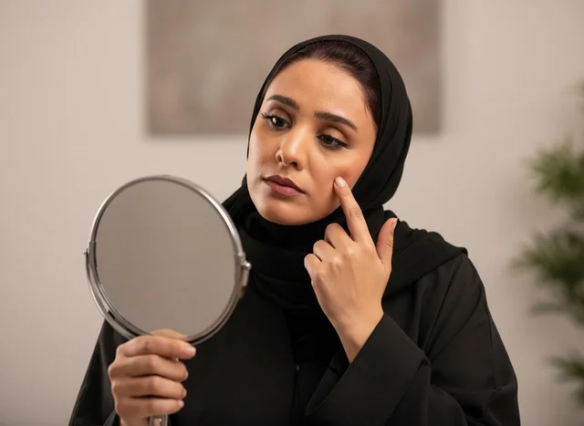 Saudi Woman in Abaya Examining Skin in Mirror Saudi Woman in Abaya Examining Skin in Mirror