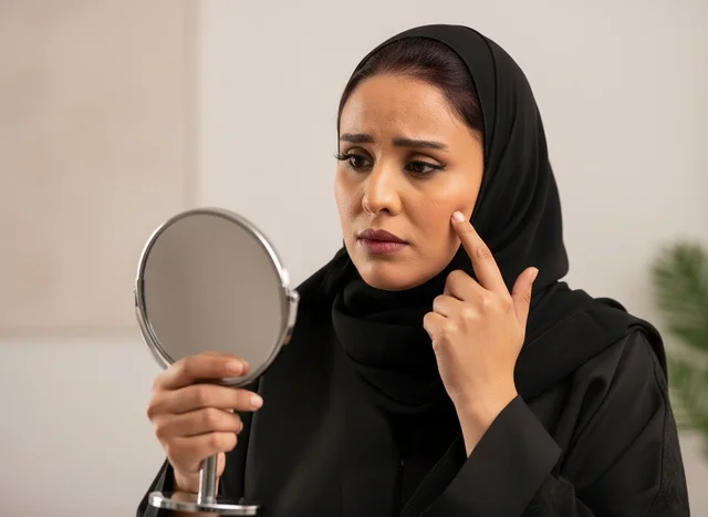 امرأة سعودية بالعباءة تتفحص بشرتها في المرآة