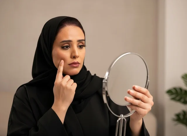 Saudi Woman Wearing Abaya Examining Her Skin in a Mirror Saudi Woman Wearing Abaya Examining Her Skin in a Mirror