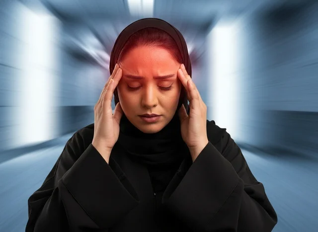 Arab Woman with Migraine Pain Wearing Abaya