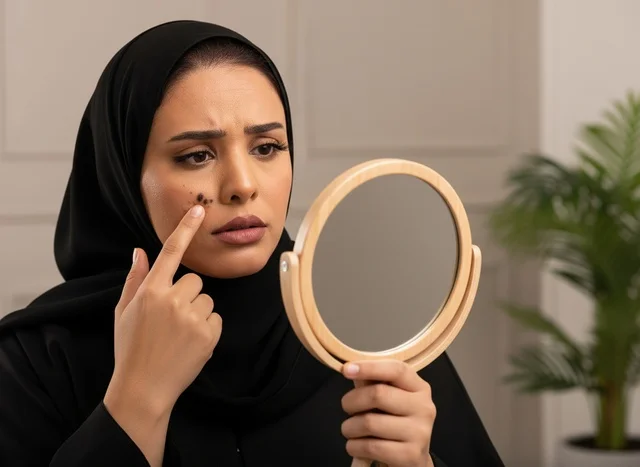 امرأة سعودية تتفحص شامة في المرآة