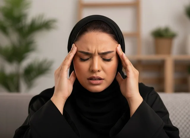 امرأة إماراتية بالعباءة تعاني من صداع شديد امرأة إماراتية بالعباءة تعاني من صداع شديد