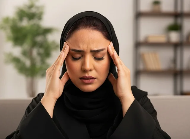 امرأة إماراتية بالعباءة تعاني من صداع في المنزل