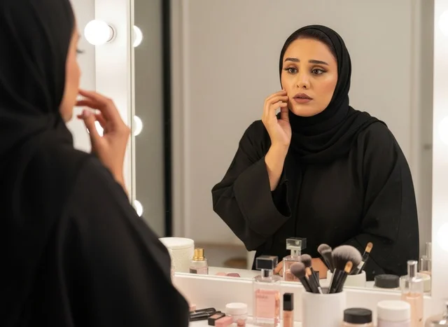 Emirati Woman in Abaya at Makeup Vanity Mirror Emirati Woman in Abaya at Makeup Vanity Mirror