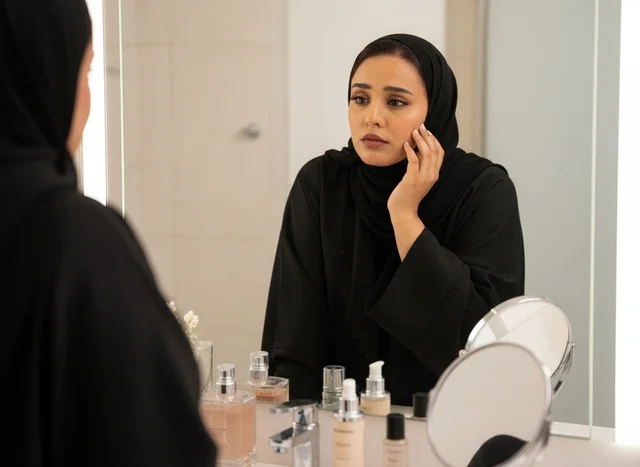 امرأة إماراتية بالعباءة تنظر في مرآة الحمام