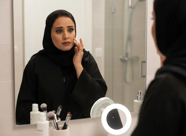 Middle Eastern Woman in Abaya Looking in Bathroom Mirror