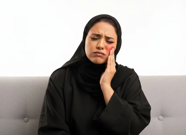 امرأة إماراتية بالعباءة السوداء تعاني من ألم الأسنان امرأة إماراتية بالعباءة السوداء تعاني من ألم الأسنان