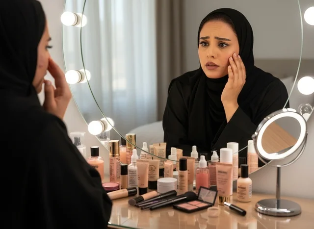 Arab Woman in Abaya Examining Skin at Vanity Mirror