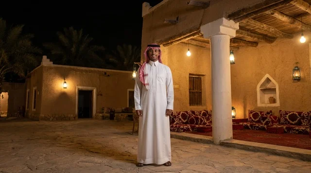 Saudi Man in Traditional Thobe at Heritage Site Night