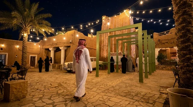 رجل سعودي بالزي التقليدي في موقع تراثي ليلاً