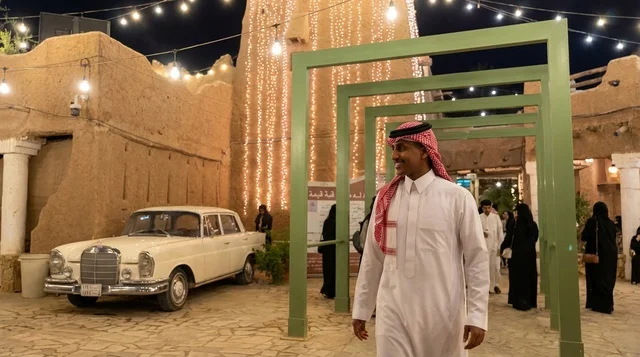 Saudi Man in Traditional Dress at Historical Village Night