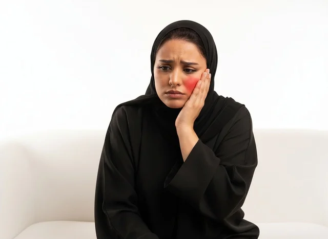 Arab Woman in Abaya with Toothache Pain