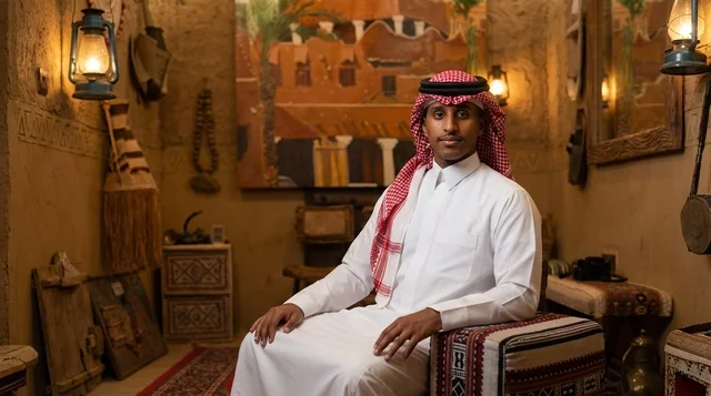 رجل سعودي بالزي التقليدي في غرفة تراثية