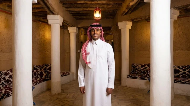 A Saudi man in traditional attire in a heritage council.