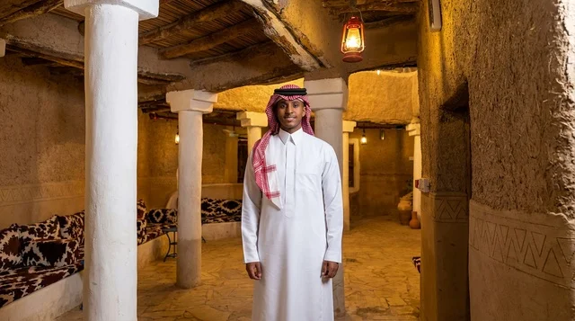 رجل سعودي بالزي التقليدي داخل بيت طيني تراثي