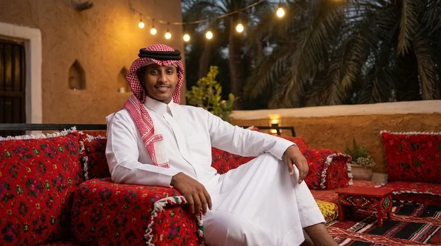 Saudi Man in Traditional Thobe at Night Majlis