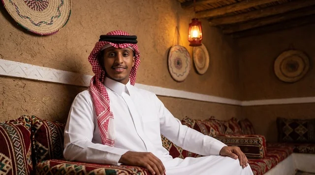 Saudi Man in Traditional Heritage Room with Mud Walls