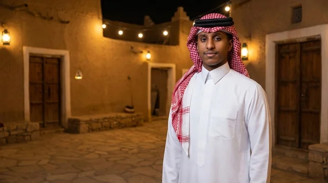 رجل سعودي بالزي التقليدي في قرية تراثية ليلاً
