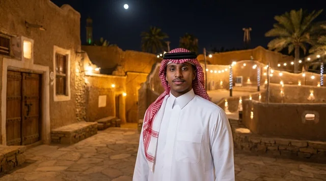 رجل سعودي باللباس التقليدي في قرية تراثية ليلاً