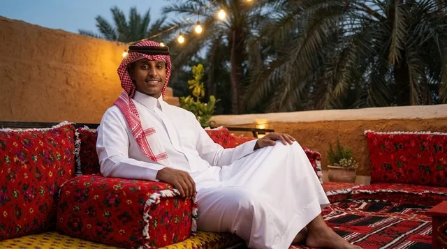 رجل سعودي بالزي التقليدي في مجلس تراثي