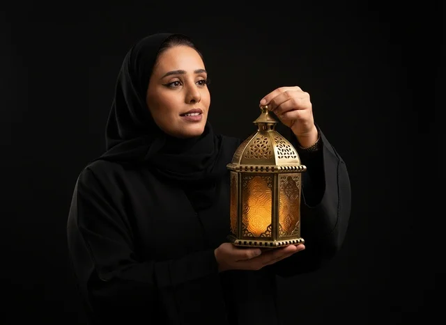 Arab Woman in Black Abaya Holding Golden Ramadan Lantern
