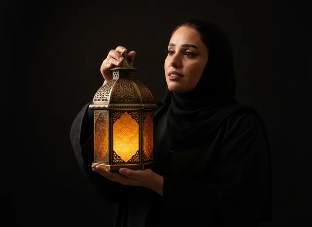 امرأة سعودية بالعباءة تحمل فانوس رمضان التقليدي
