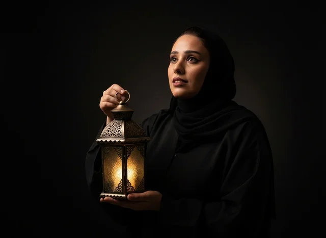 امرأة سعودية مع فانوس رمضان التقليدي في الاستوديو