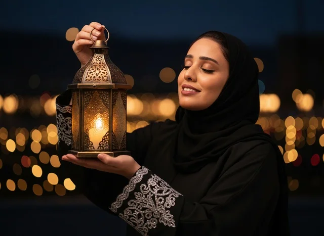 Arab Woman in Abaya Holding Ramadan Lantern at Night