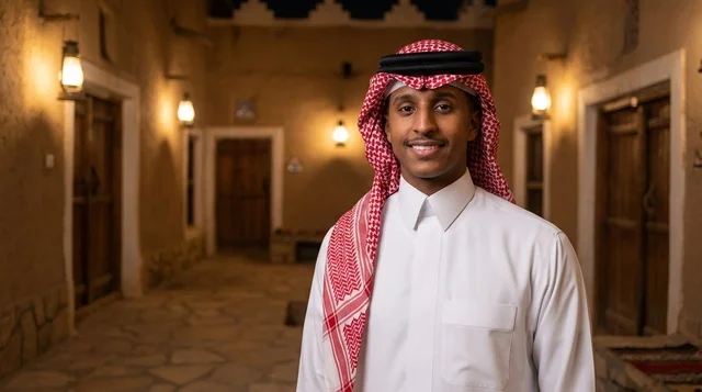 Saudi Man in Traditional Clothing at Heritage Site