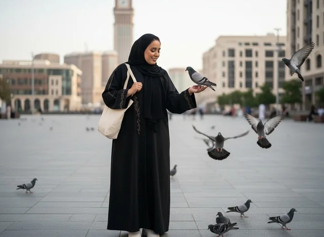 Emirati Woman in Abaya with Pigeons in Public Square