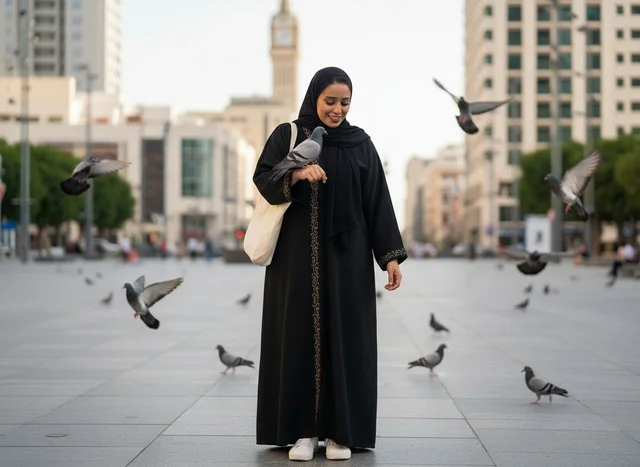 Emirati Woman in Abaya with Pigeons in Dubai Square Emirati Woman in Abaya with Pigeons in Dubai Square