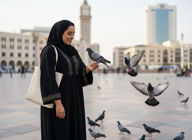 Emirati Woman in Abaya Feeding Pigeons in Dubai