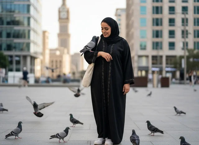 Emirati Woman in Abaya with Pigeons in Dubai Plaza