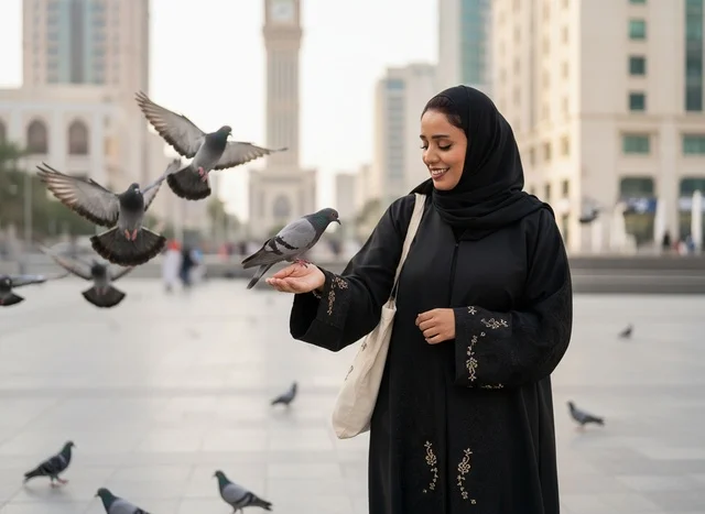 امرأة إماراتية تطعم الحمام في ساحة مدينة دبي امرأة إماراتية تطعم الحمام في ساحة مدينة دبي