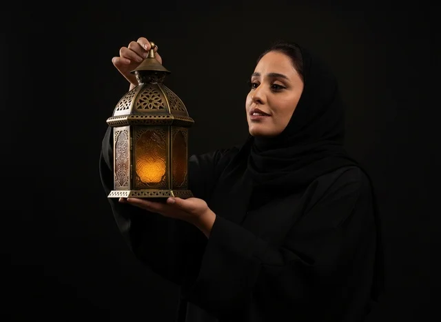 امرأة عربية تحمل فانوس رمضان التقليدي